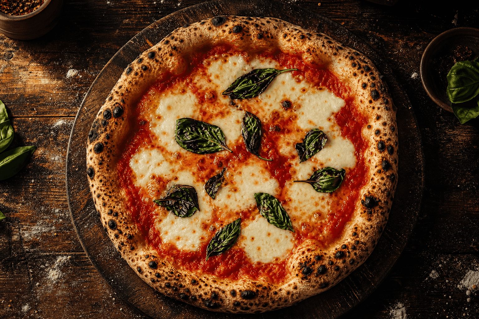 Margherita pizza fresh from the wood-fired oven