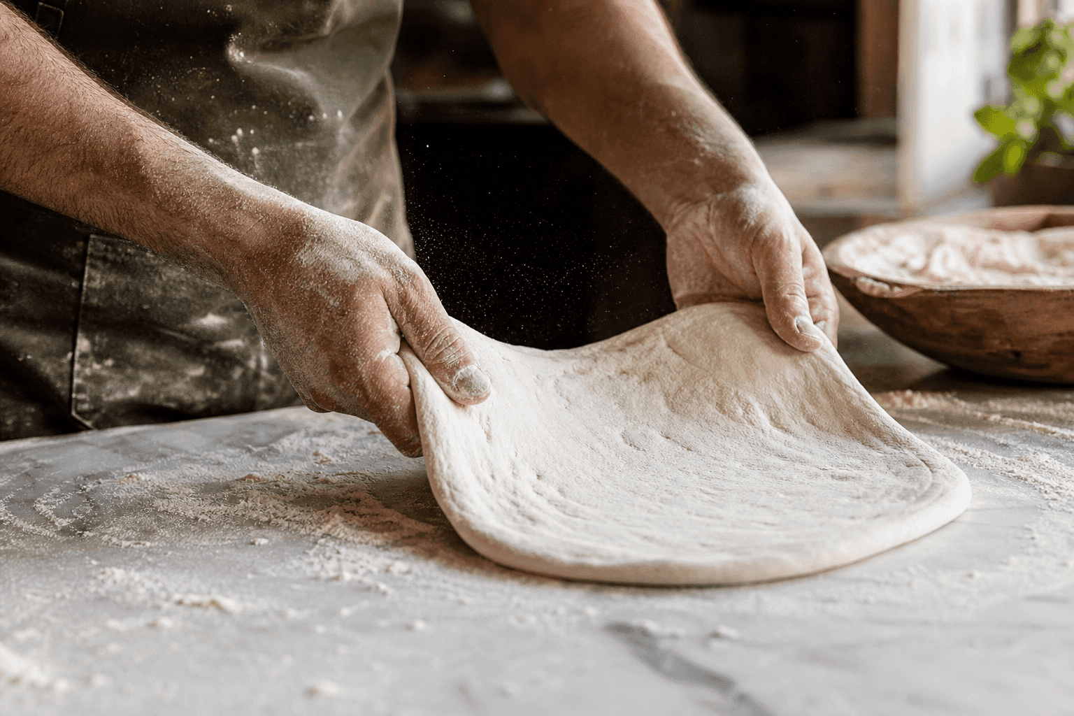 Hand-stretched sourdough dough on the counter